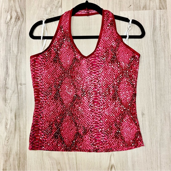 Forever 21 pink sparkly snakeskin halter top vintage y2k. Sz L stretchy. NWOT - Picture 10 of 13